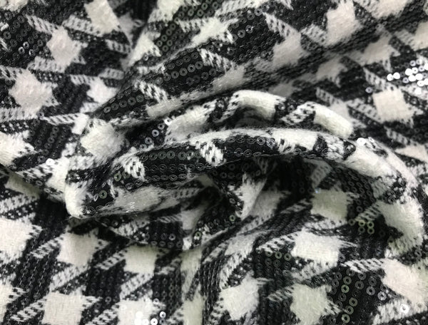 Black and White -  Wool Sequined Houndstooth Pattern - French Tweed - 147 cm Wide
