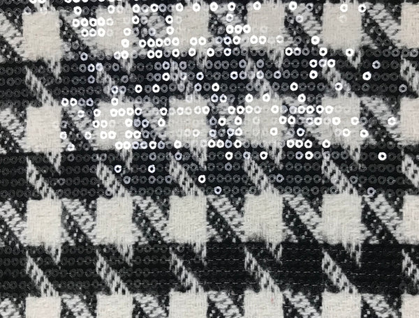 Black and White -  Wool Sequined Houndstooth Pattern - French Tweed - 147 cm Wide