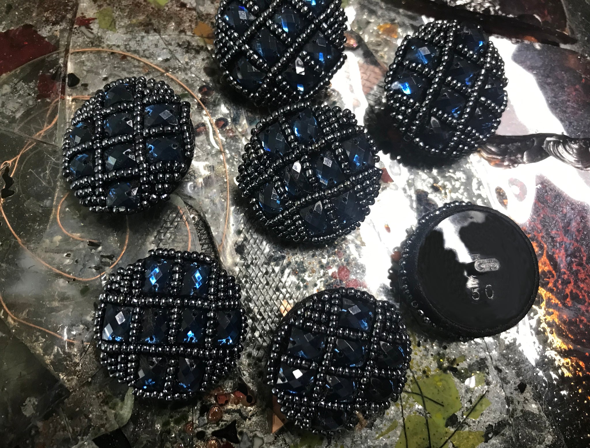 Blue on Black  Hand-Made - Glass Beads Embroidered Buttons - 35 MM Width.