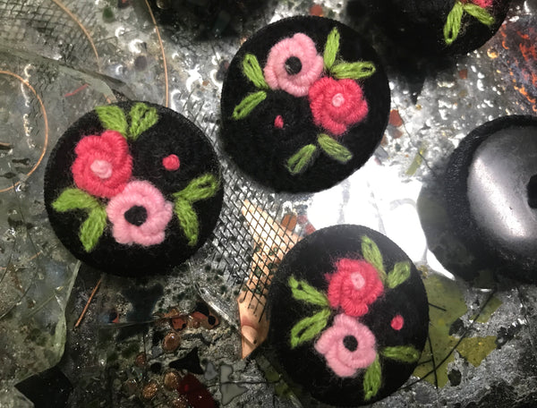 Black Velvet Hand-Made - Embroidered Button - 34 MM  Width.