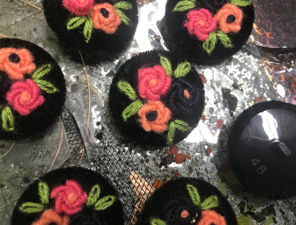Black Velvet w/Orange/Rose Roses - Handmade - Embroidered Button - 34 MM  Width.