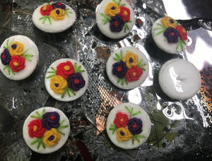 White Velvet Hand-Made - Purple/Red/Yellow Flowers - Embroidered Button - 28 MM  Width.