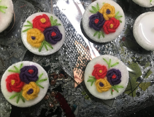 White Velvet Hand-Made - Purple/Red/Yellow Flowers - Embroidered Button - 28 MM  Width.