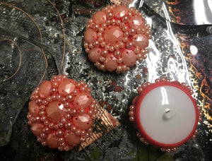 Peach Powder on Orange Background Hand-Made - Pearlized Beads -  Embroidered Buttons - 38 MM Width.