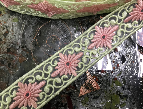 Coral Powder/Green- Embroidered Italian Organza Lace -In Two Styles.