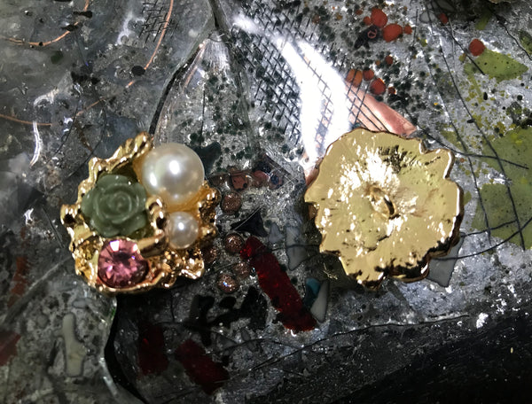 Rose/Black/Green/Yellow Roses, Crystal and Pearls - Handmade Italian Buttons -  26 mm across.