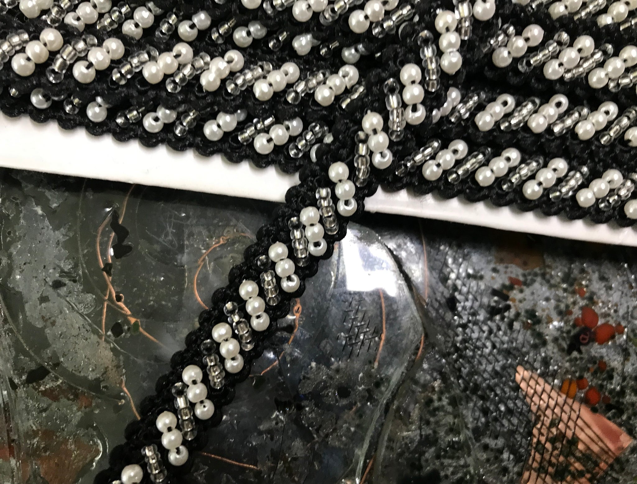 Glass Beds and Pearls on Black  -  Beaded Trim - 1/2" Wide.