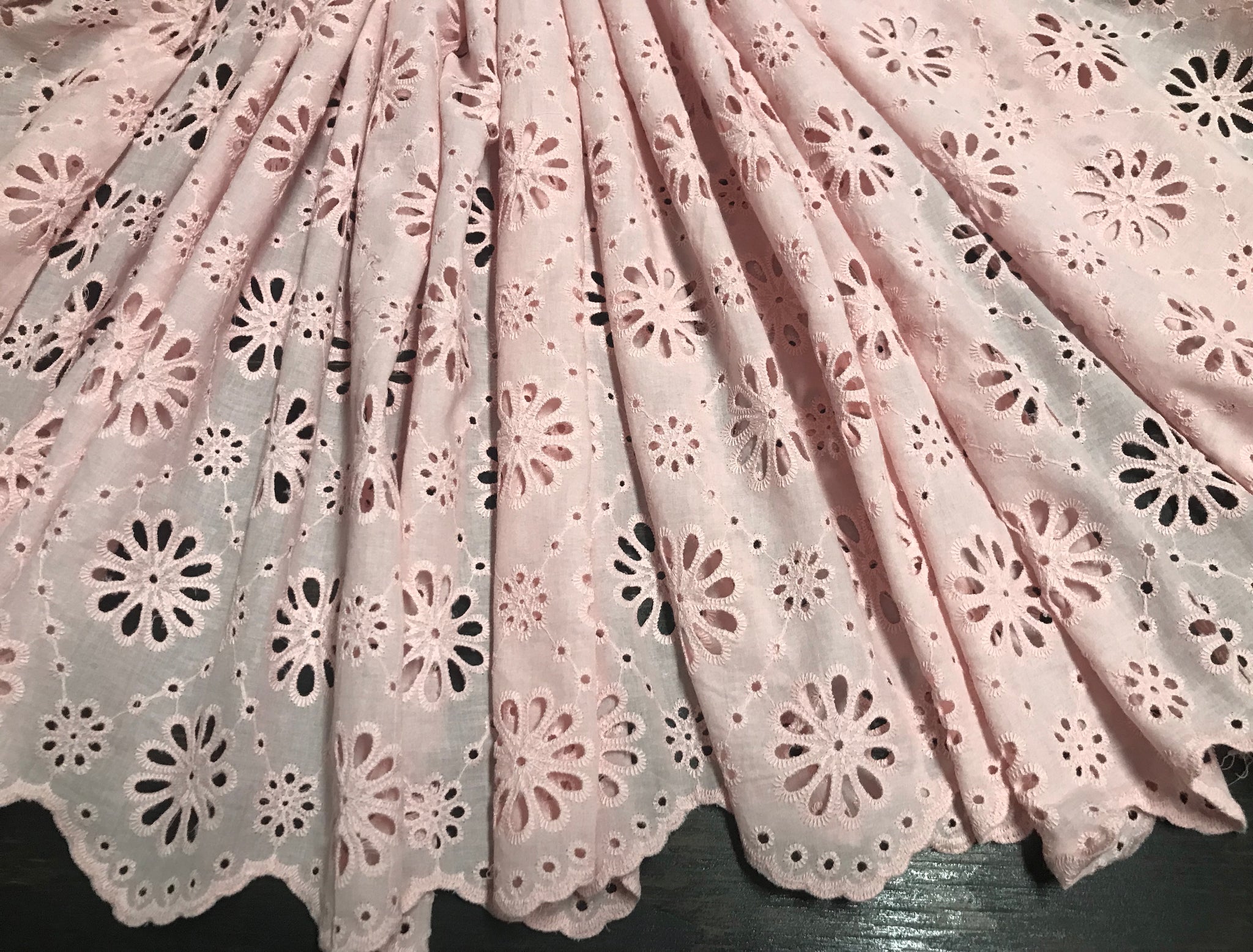 Pink All Over Small Daisy Pattern Embroidery - Scalloped on Both Sides - Broderie Anglaise on Swiss Cotton Voile - 130 cm Wide.