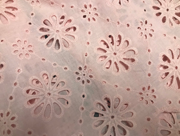 Pink All Over Small Daisy Pattern Embroidery - Scalloped on Both Sides - Broderie Anglaise on Swiss Cotton Voile - 130 cm Wide.