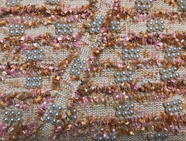 Shades of Pink/Orange/Off White  Gold Stitching and Pearls Studs and Pearls -  French Trim - 3 cm Wide.