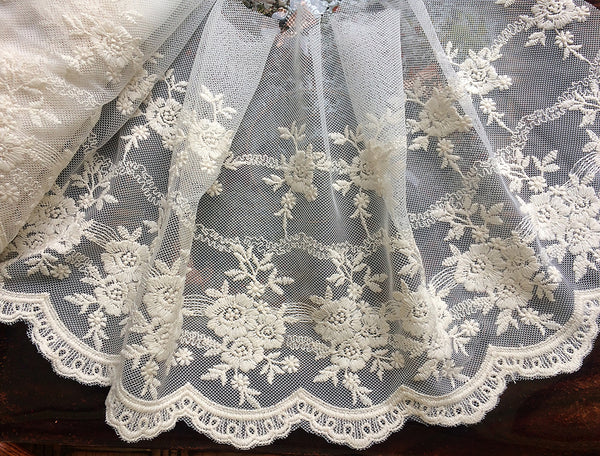 Beige -  Embroidered  Soft Tulle  Lace  - 21 cm  Wide. Imported.