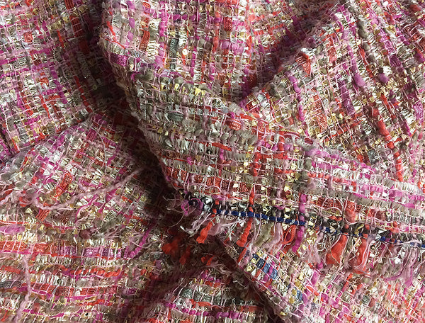 Shades of Pink White Orange and Grey w/Small Sequins - French Tweed - 150 cm Wide.