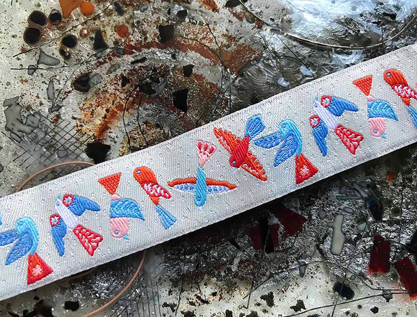 Multi Color Birds on Off White Background - Embroidered Jacquard Ribbon - 1.5" Wide.