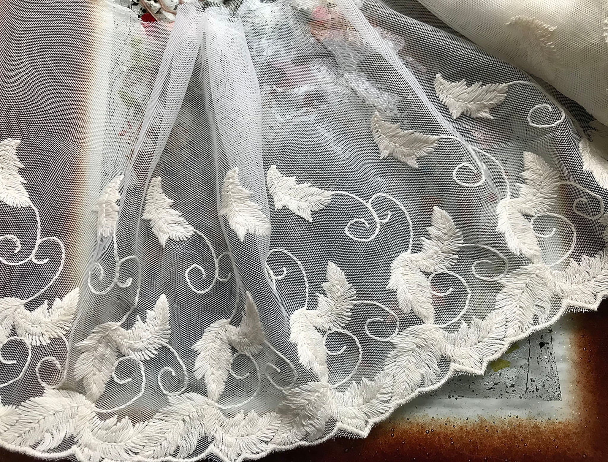 Ivory Cotton Embroidery on Ivory Soft Tulle Background - Italian  Lace - 19cm  Wide.