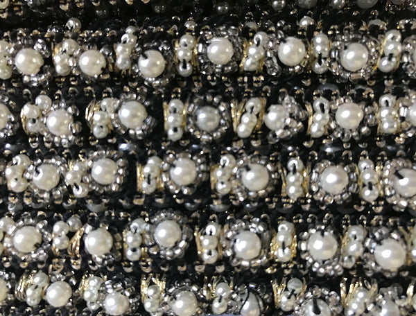 Pearl and Glass Beads w/Gold Thread on Black - Hand Maid Trim - 1 cm Wide.