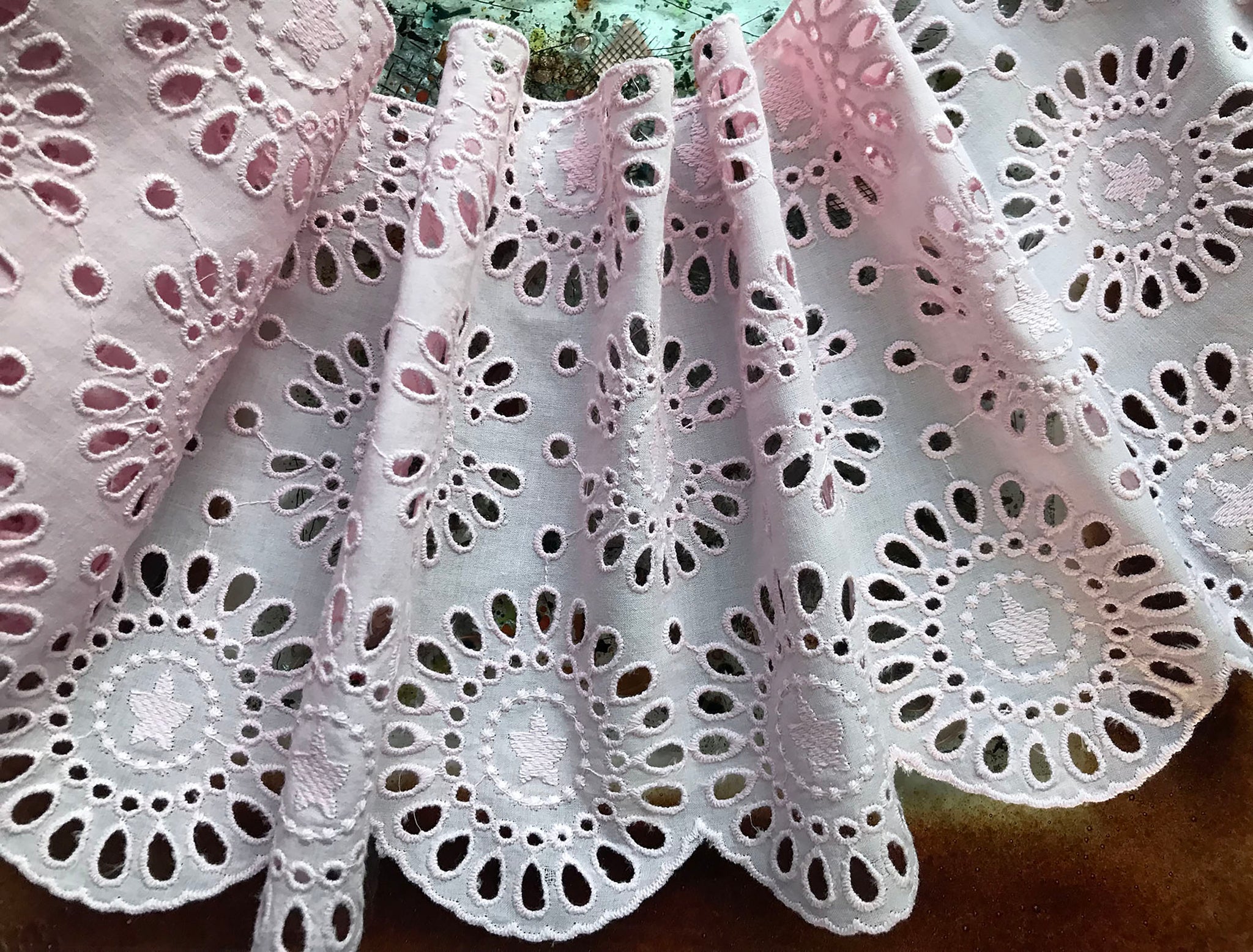 ink on Pink All Over Embroidery -  Cotton  Broderie Anglaise Lace - 20 cm Wide.