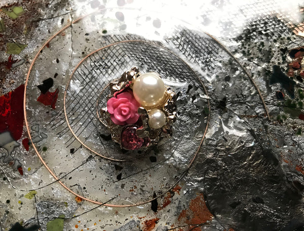 Rose/Black/Green/Yellow Roses, Crystal and Pearls - Handmade Italian Buttons -  26 mm across.