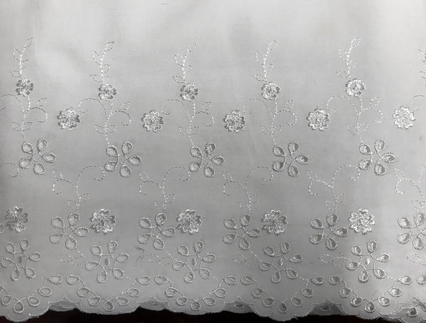 White with Shinny Threads Embroidery - Broderie Anglaise on Cotton Voile - 21.5 cm Wide.