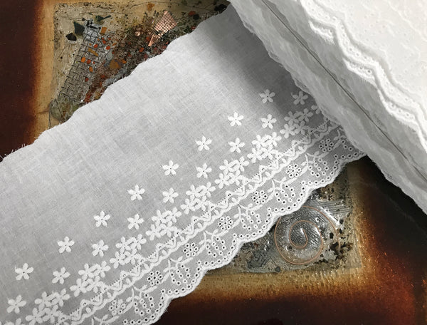 Natural White - Broderie Anglaise Lace  on Cotton Voile - 14 cm Wide.
