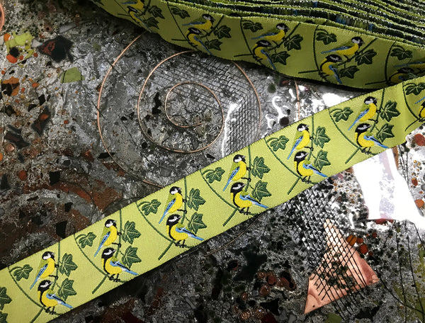Birds on Vine w/Green Background - Embroidered Jacquard Ribbon - 2 sizes available.