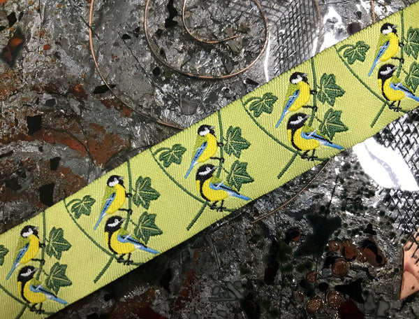 Birds on Vine w/Green Background - Embroidered Jacquard Ribbon - 2 sizes available.