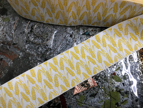 Yellow Wheat Spears on Natural White Background - Embroidered Jacquard Ribbon - 1.5" Wide.