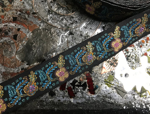 Multi Color Floral Metallic on  Black Background - Embroidered Jacquard Ribbon - 2.5 cm Wide.