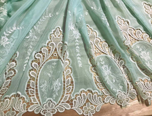 White Embroidery on Seafoam Silk/Cotton Background - Double Border - Broderie Anglaise - 118 cm Wide.