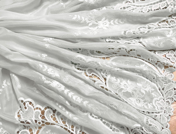 White Silk/Cotton Embroidered on White Background Double Border -  Broderie Anglaise - 118 cm Wide.