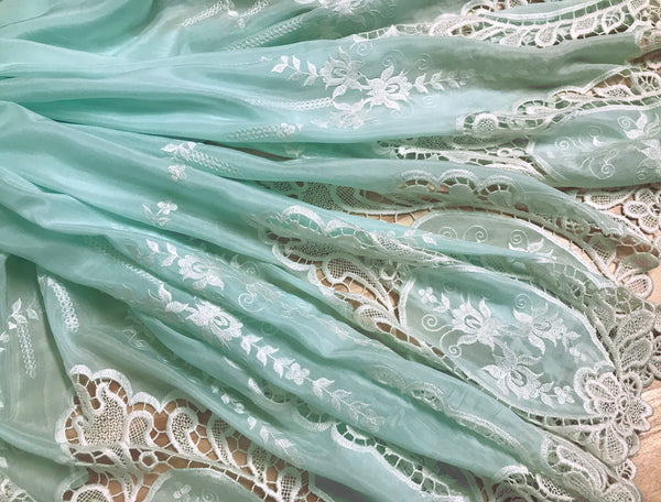 White Embroidery on Seafoam Silk/Cotton Background - Double Border - Broderie Anglaise - 118 cm Wide.