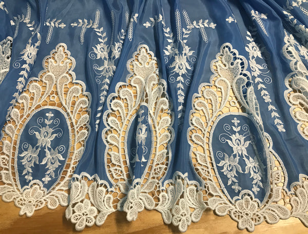 White Embroidery  on Sky Blue Silk/Cotton Background - Double Border -  Broderie Anglaise - 118 cm Wide.