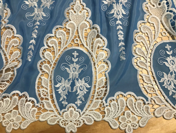White Embroidery  on Sky Blue Silk/Cotton Background - Double Border -  Broderie Anglaise - 118 cm Wide.