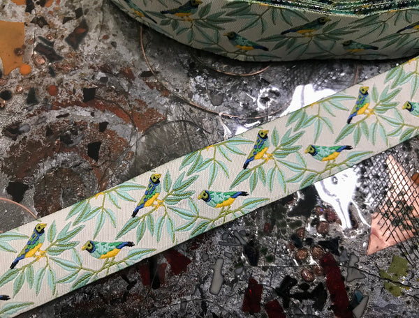Birds on Vine w/Off White Background - Embroidered Jacquard Ribbon - 2 sizes available.