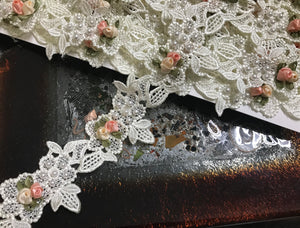 Off White Lace w/Satin Roses and Pearls Appliques - Italian Lace - 6.5 cm Wide.