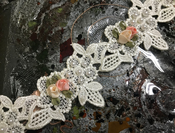 Off White Lace w/Satin Roses and Pearls Appliques - Italian Lace - 6.5 cm Wide.