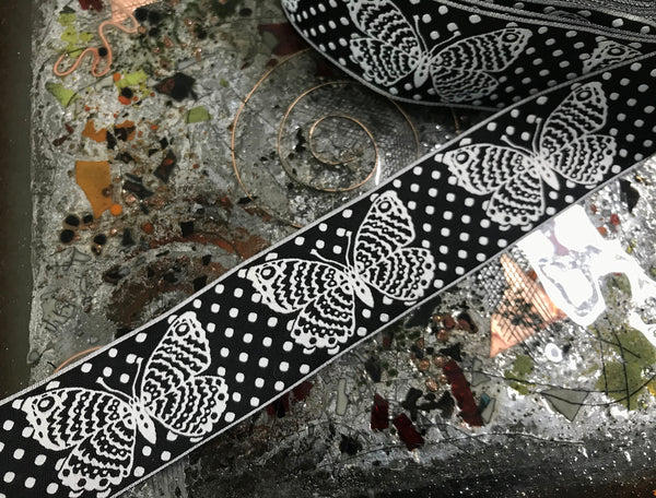 White Butterflies on   Black/White Polka Dots Background - Embroidered Jacquard Ribbon - 1.5" Wide.