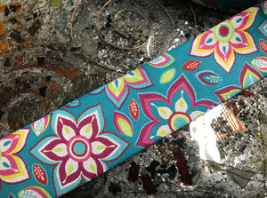 Multi Color Floral on Turquoise Background - Embroidered Jacquard Ribbon - 2 sizes available.