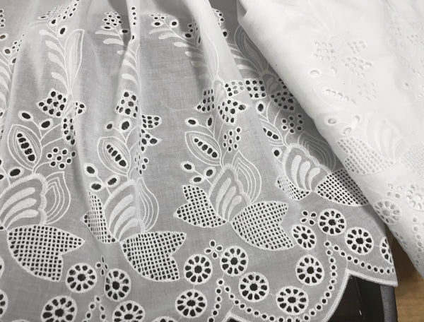 Natural White w/Beautiful Open Work Embroidery -  Broderie Anglaise -  Swiss Cotton Voile - 43.5 cm Wide.
