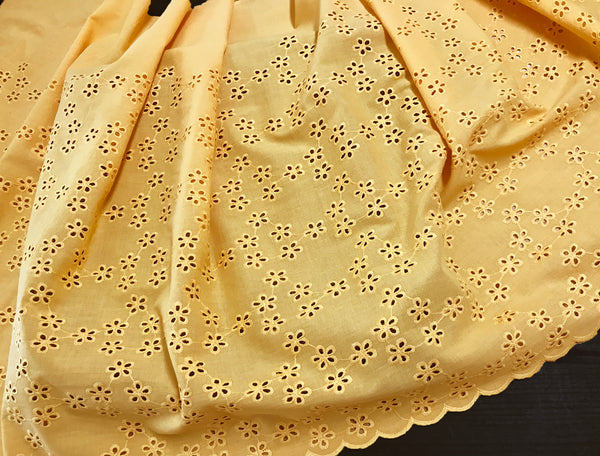 Marigot Yellow Embroidery - Broderie Anglaise -  On Cotton Voile - 52 cm Wide.