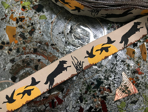 Multi Color Wolfs at Sunset on Black  Background - Embroidered Jacquard Ribbon - 7/8" Wide.