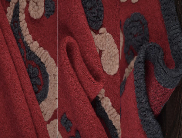 Charcoal Grey and Beige Paisleys on Marron Background- Italian Woolen Shawl/Poncho -  168 L x 138 xm W.
