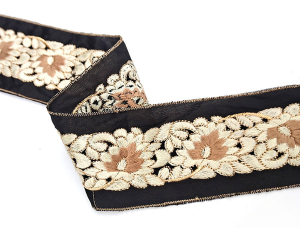Beige/Off White/Gold Filigree - Embroidered Ribbon - 7.5 cm Wide.