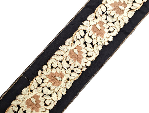 Beige/Off White/Gold Filigree - Embroidered Ribbon - 7.5 cm Wide.