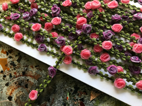 Multi Color Roses on Braid - Rococo Trim - 10 mm Wide.