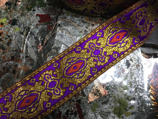 Metallic Purple/Rose Red & Gold - Embroidered Jacquard Ribbon - 1 7/8" Wide.