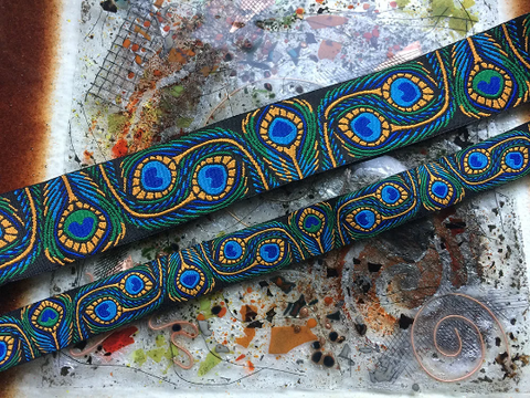 Gold & Blue on Green - Peacock Feather Print - Designers Row - in Two Sizes: 7/8" and 1.5" Wide.