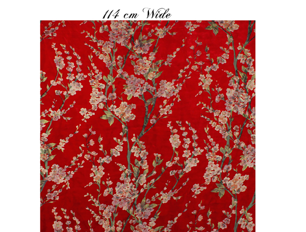 Peach Blossoms Print on Red - Italian  Silk Velvet - 114 cm Wide.