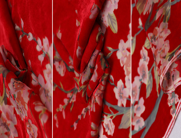 Peach Blossoms Print on Red - Italian  Silk Velvet - 114 cm Wide.