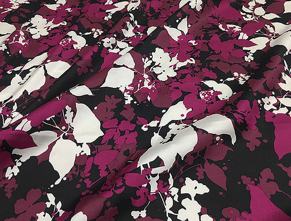Raspberry/White Floral Print on Black Background - Italian Twill  Mulberry Silk Satin -20 MM - 114 cm Wide.