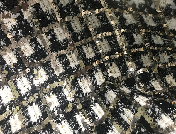 Black  White w/Light Gold Sequins - Lined French Tweed -146 cm Wide.